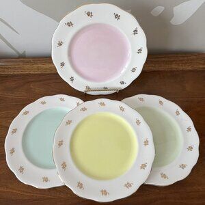 4 Vintage 1960s Queen Anne Bone China Pastel Easter Salad Plates Gold Flowers